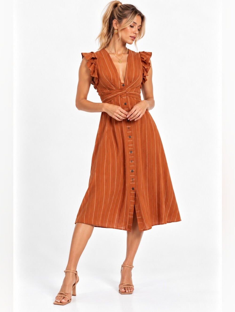 ASTR the Label Saturate Rust Stripe Ruffle Midi Dress Linen Blend Large